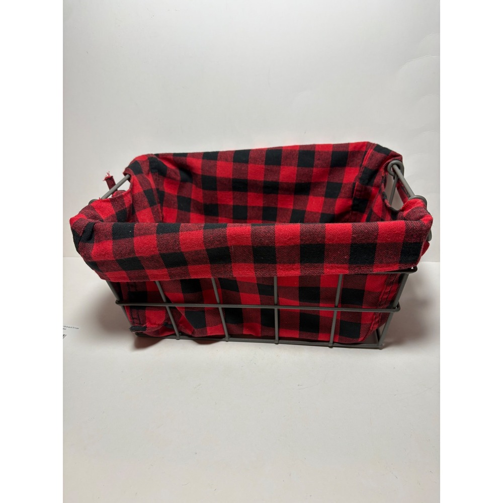 Red Black Buffalo Plaid Wire Storage Basket Removable Fabric Liner Farmhouse
